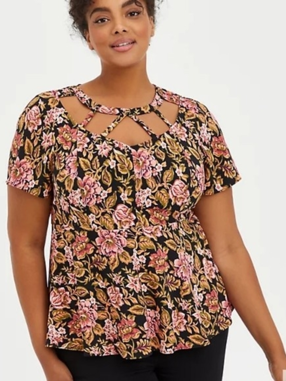 torrid Black Floral Lattice Neck Short Sleeve Top